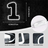 Chiffre néon LED blanc – dimensions du chiffre 1, 30 x 21 cm