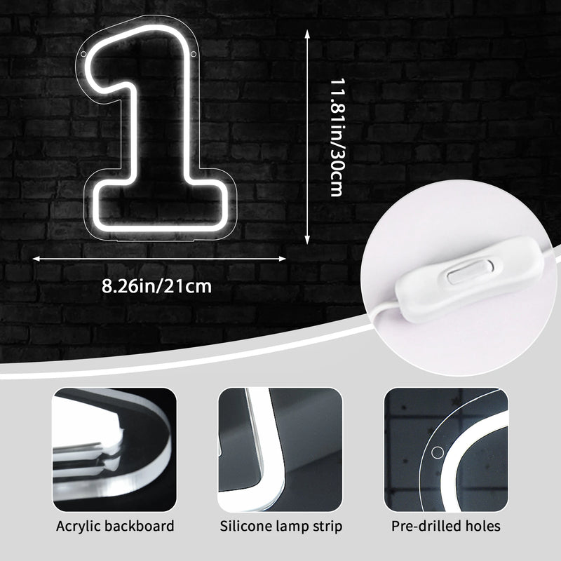 Chiffre néon LED blanc – dimensions du chiffre 1, 30 x 21 cm