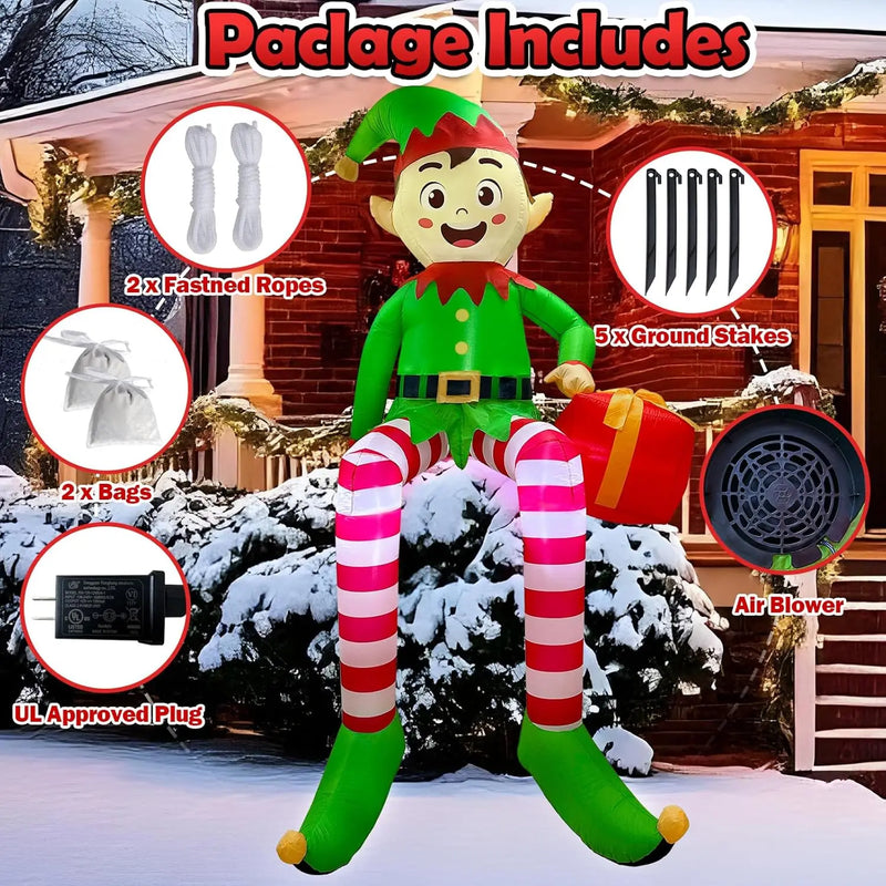 Elfe de Noël gonflable assis, 2,45 m, avec LED et cadeau