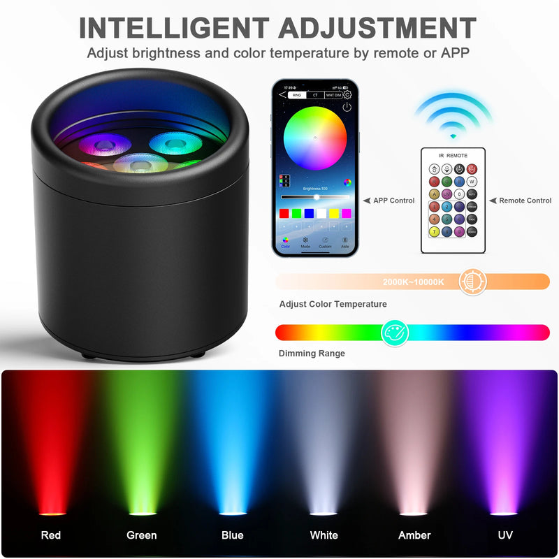 Uplight sans fil IP65 sur batterie, 6 LED RGBWA UV, télécommande et application