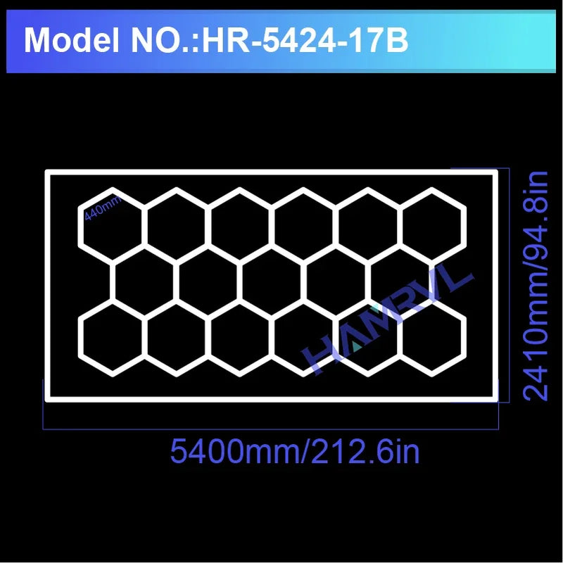 Plafonnier hexagonal LED – modèle de 17 hexagones avec cadre, 540 x 241 cm
