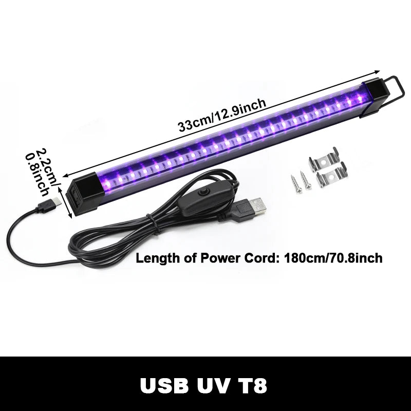 Barre lumière noire LED UV USB, lot de 2, tubes T8 33 cm ou T5 29 cm