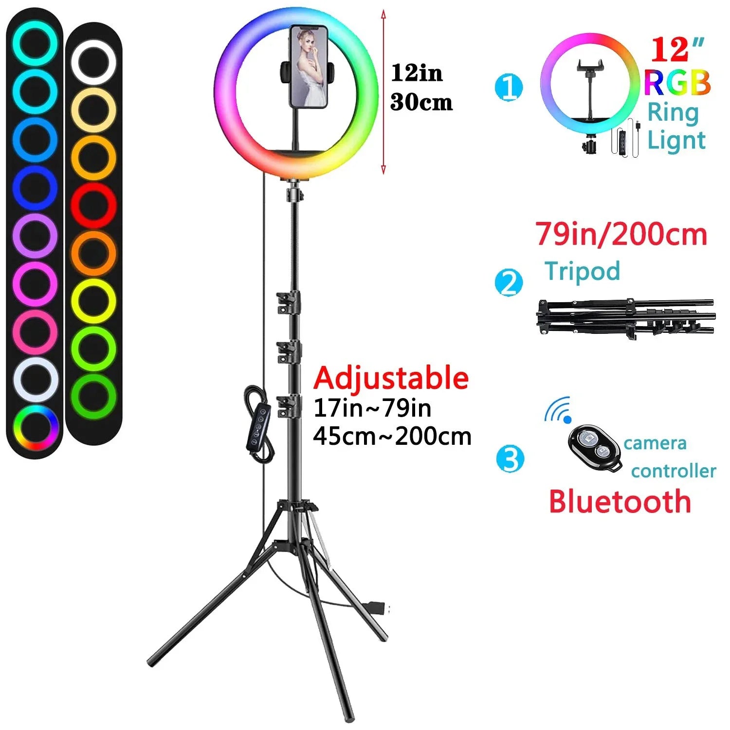 Ring light RGB 30 cm sur trépied de 45 à 200 cm