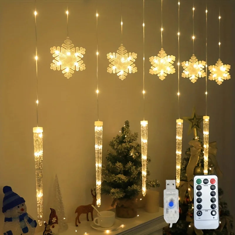 Rideau lumineux flocons et glaçons de Noël – flocons et glaçons blanc chaud avec connecteur USB et télécommande