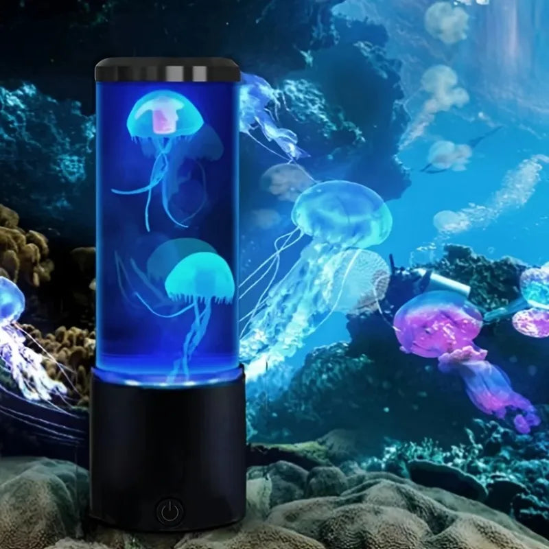 Aquarium méduse lumineux – lampe allumée en bleu devant un décor de récif et de méduses