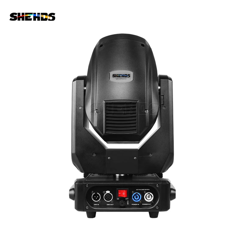Lyre beam 275 W – vue de face avec les connecteurs DMX et d'alimentation du socle