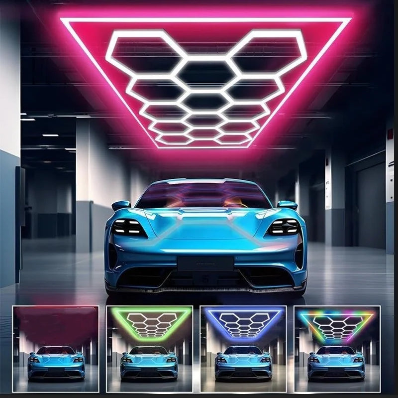 Éclairage LED hexagonal garage 14 hexagones 672 W, cadre couleur au choix