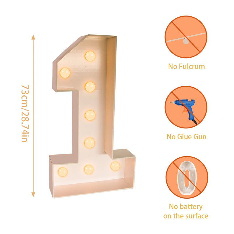 Chiffre lumineux géant 73 cm – chiffre 1 en cadre blanc, hauteur 73 cm, sans pistolet à colle
