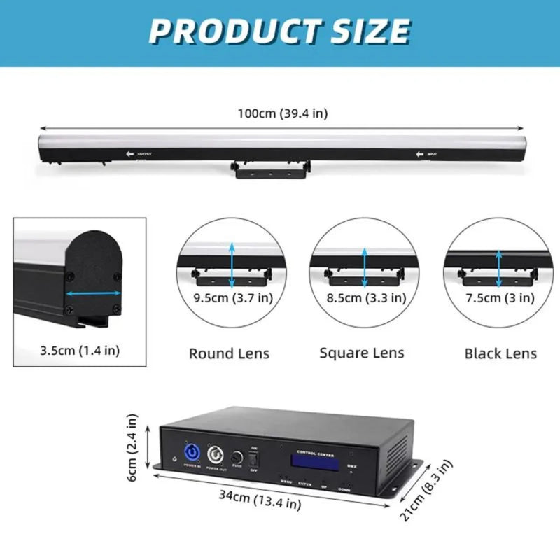 Barres LED pixel RGB 100 cm – schéma des dimensions du tube de 100 cm et des profils de lentille
