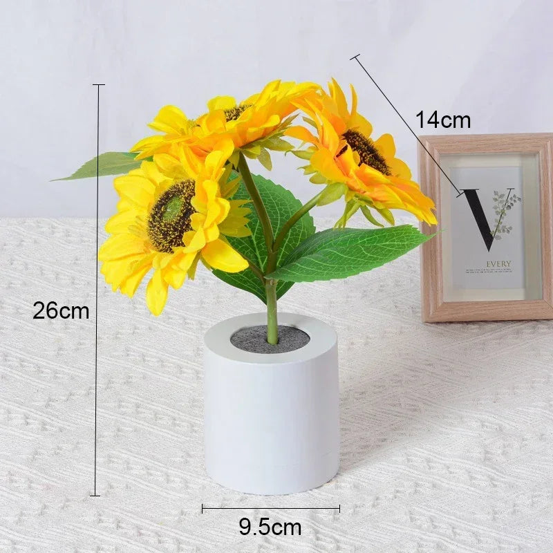 Veilleuse LED tournesol rechargeable USB, 3 fleurs lumineuses en pot, 26 cm