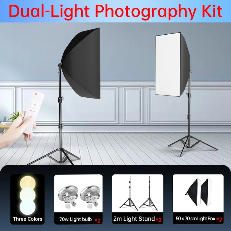 Kit studio photo softbox 50x70 cm, pied 2m, 1 à 3 lumières