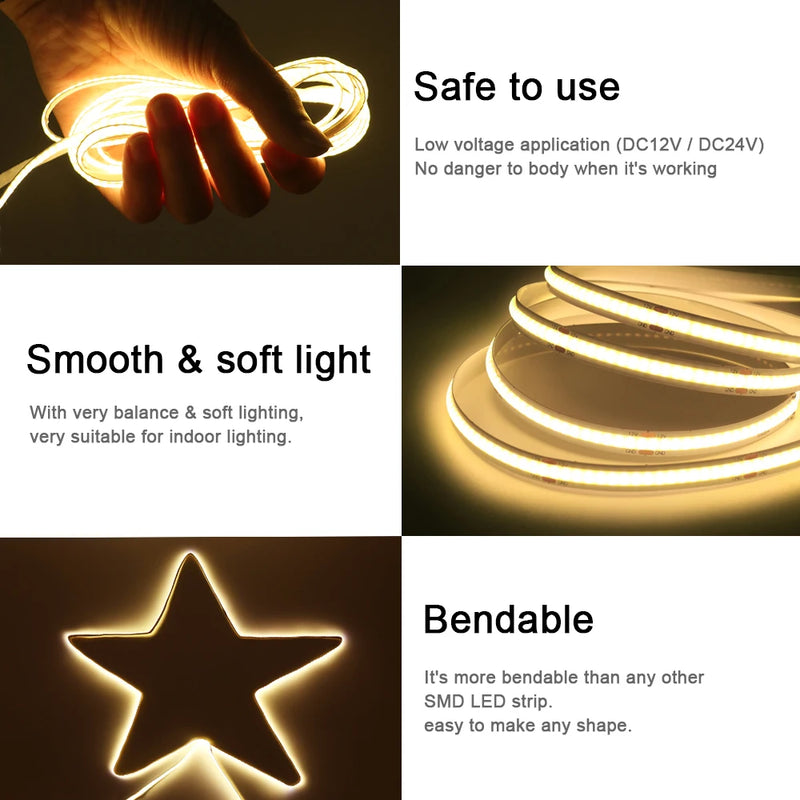 Ruban LED COB blanc – basse tension, lumière douce et bande flexible