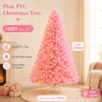 Sapin de Noël rose en PVC – sapin rose de 2,1 m avec guirlande LED USB