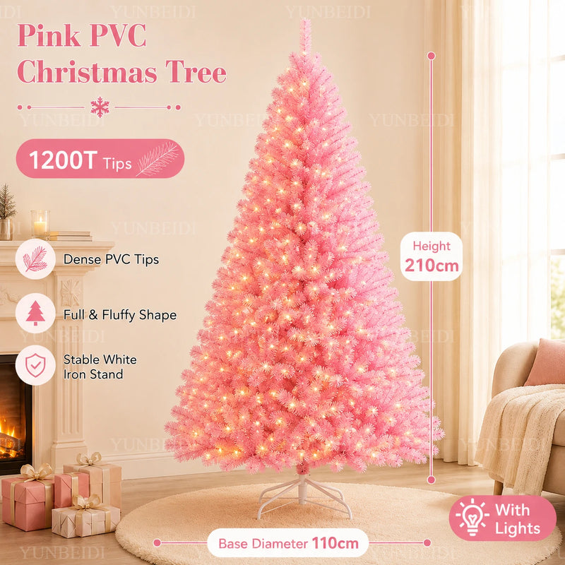 Sapin de Noël rose en PVC – sapin rose de 2,1 m avec guirlande LED USB