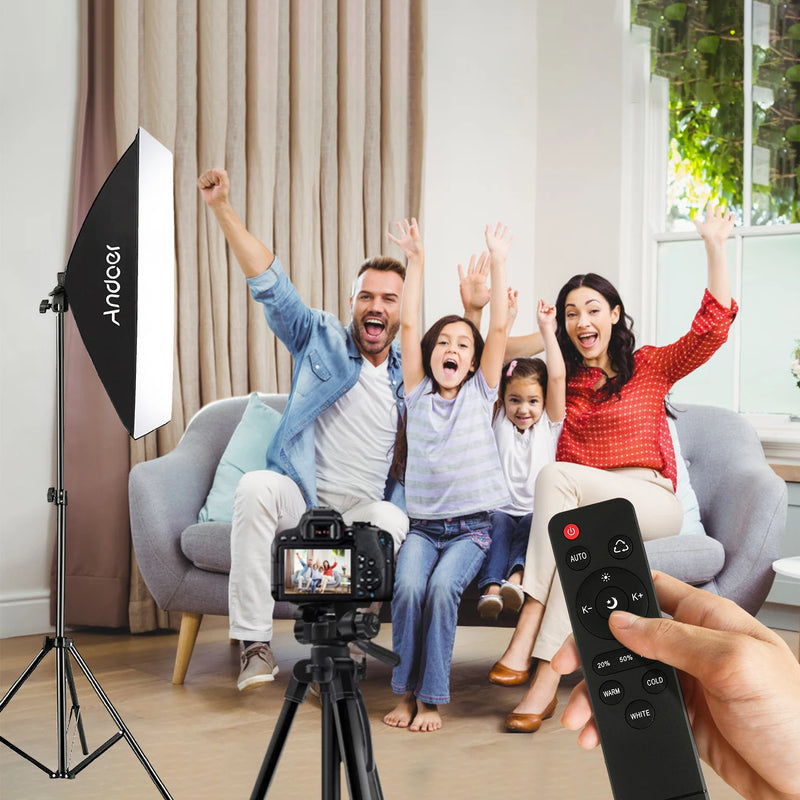 Kit softbox LED bicolore – séance photo de famille à la maison, télécommande en main