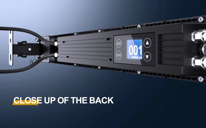 Barre stroboscope LED IP65 250 W – gros plan sur l'écran et les connecteurs du dos