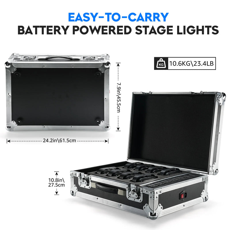 Projecteur PAR LED sur batterie 4 x 18 W, lot de 8 avec flight case de charge