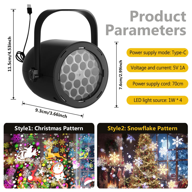 Projecteur LED flocons de neige, motifs de Noël, USB, noir ou blanc