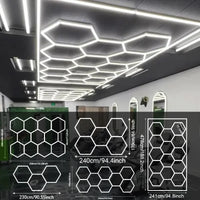 Éclairage LED hexagonal de garage – plafond d'une salle de sport et schémas des dimensions