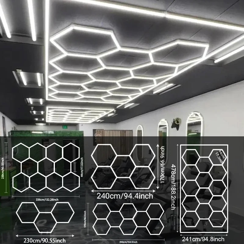 Éclairage LED hexagonal de garage – plafond d'une salle de sport et schémas des dimensions