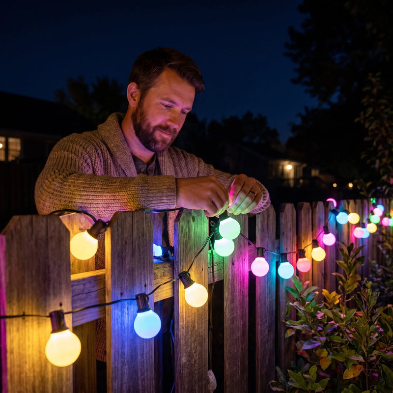 Guirlande guinguette WiFi G40 – accrochée à une clôture de jardin, ampoules multicolores allumées