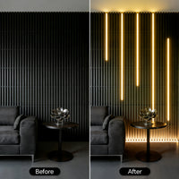 Ruban LED tasseau bois noir – salon avant et après la pose des tasseaux lumineux