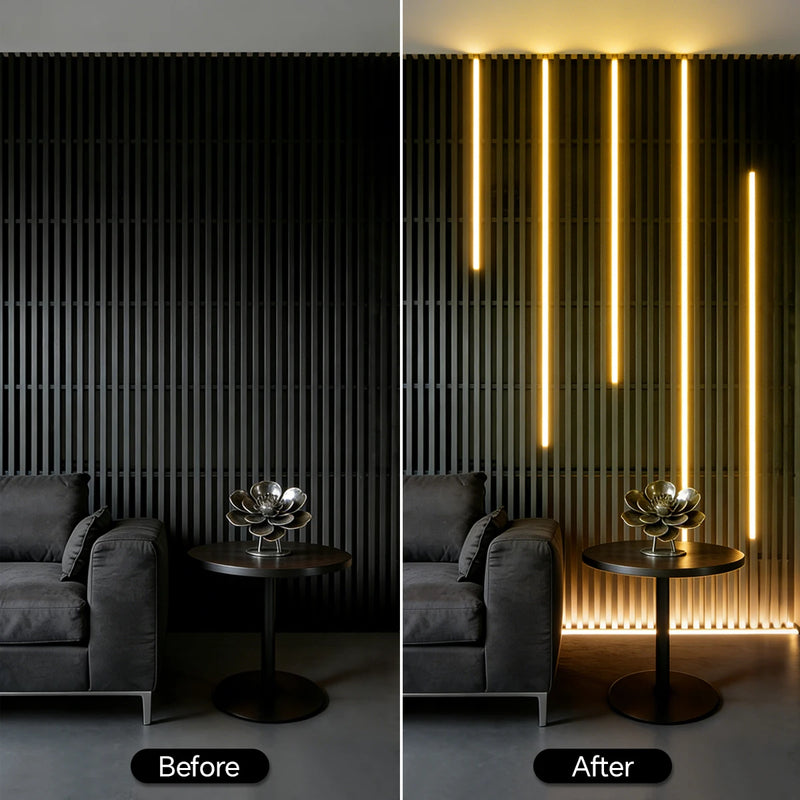 Ruban LED tasseau bois noir – salon avant et après la pose des tasseaux lumineux