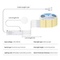 Ruban LED COB 24 V tactile – schéma du boîtier, câble secteur de 1,2 m et capteur de 2 m