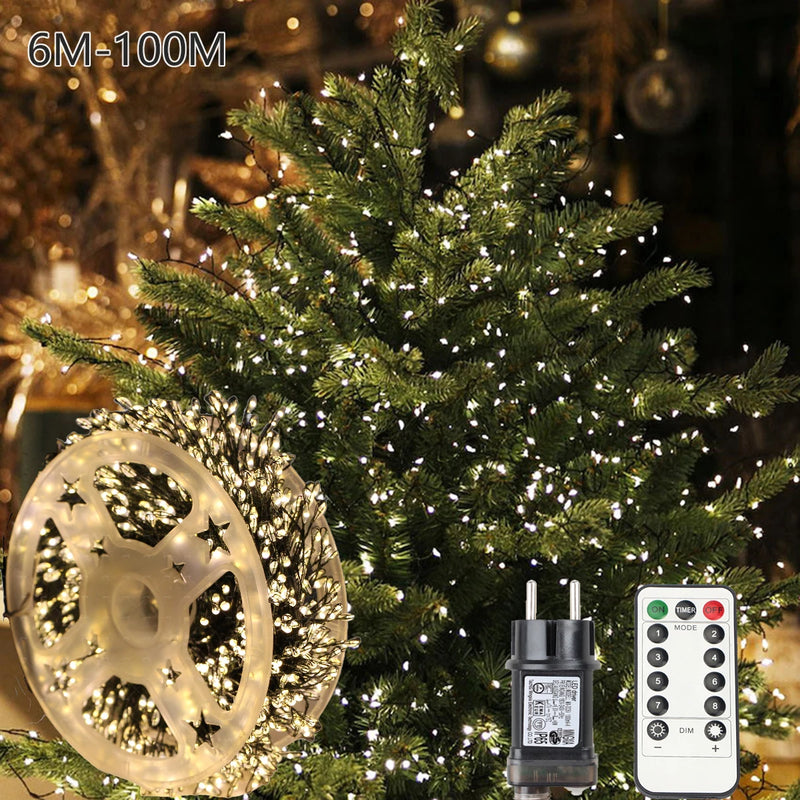 Guirlande lumineuse en grappes – bobine avec adaptateur et télécommande devant un sapin