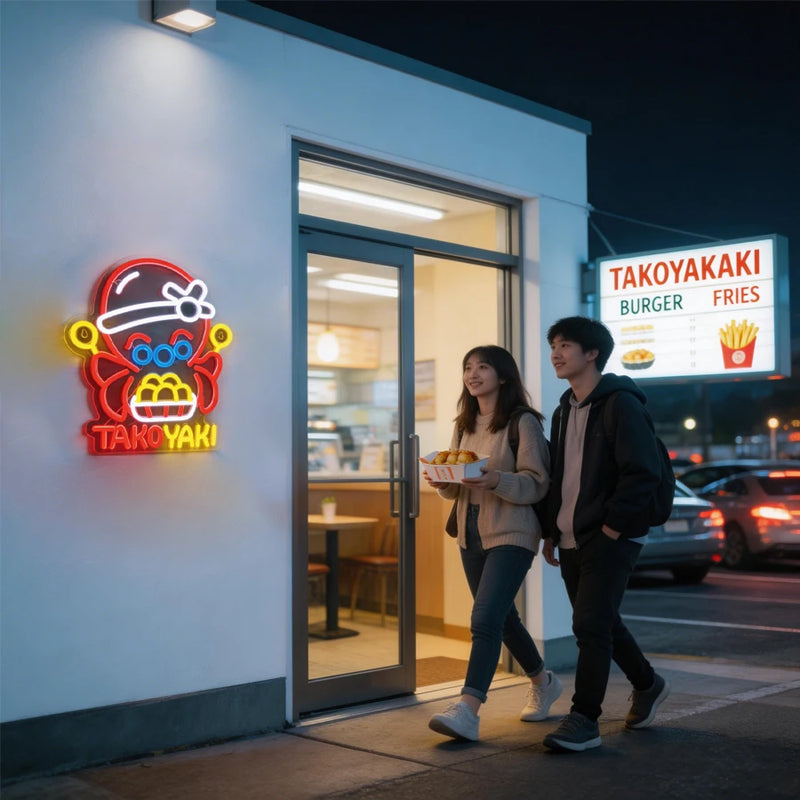 Néon takoyaki – enseigne murale à l'entrée d'un restaurant le soir