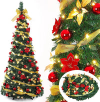 Petit sapin lumineux pop-up 120 cm avec LED, rubans et fleurs de Noël