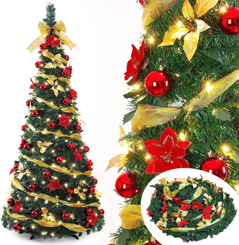Petit sapin lumineux pop-up 120 cm avec LED, rubans et fleurs de Noël