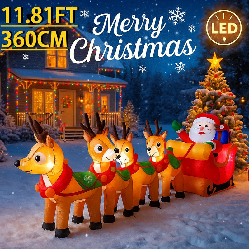 Père Noël gonflable avec traîneau et 3 rennes lumineux LED, 3 m