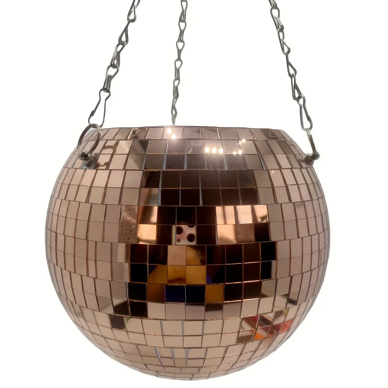 Jardinière boule à facettes – boule à miroirs cuivrés et ses trois chaînes