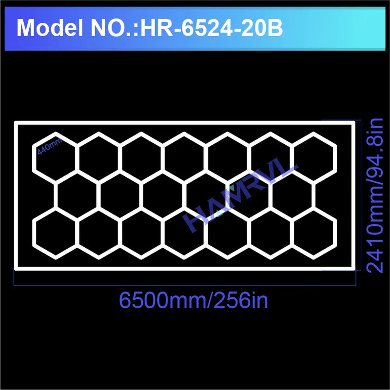 Plafonnier hexagonal LED – modèle de 20 hexagones avec cadre, 650 x 241 cm