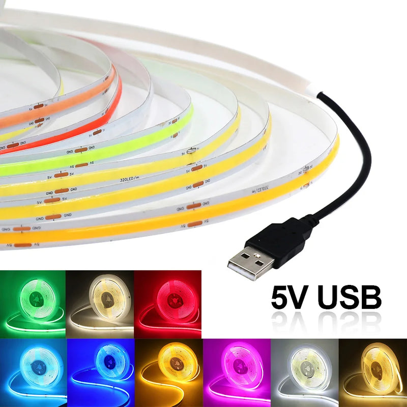 Ruban LED USB COB 5 V de 8 mm, 9 couleurs, 0,5 à 5 m