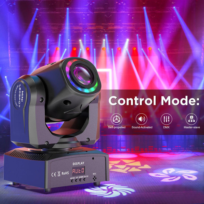 Lyre LED à tête mobile 120 W avec anneau RVB, 7 gobos et DMX 9 ou 11 canaux