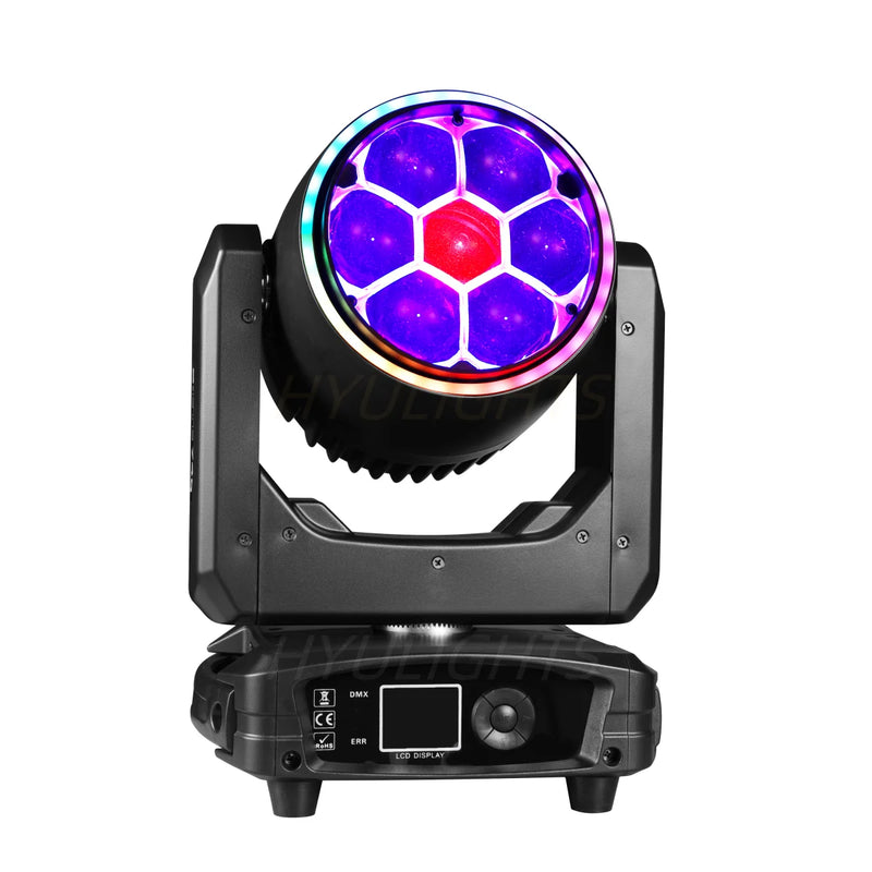 Lyre LED beam wash œil d'abeille 7 x 40 W, anneau halo, zoom 3° à 60°