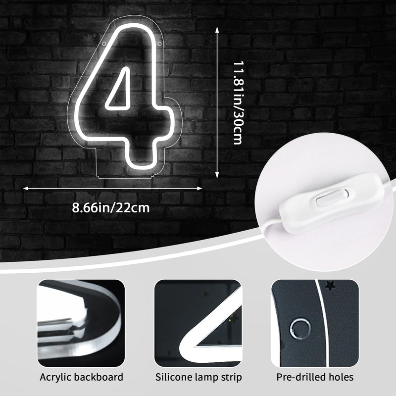 Chiffre néon LED blanc – dimensions du chiffre 4, 30 x 22 cm