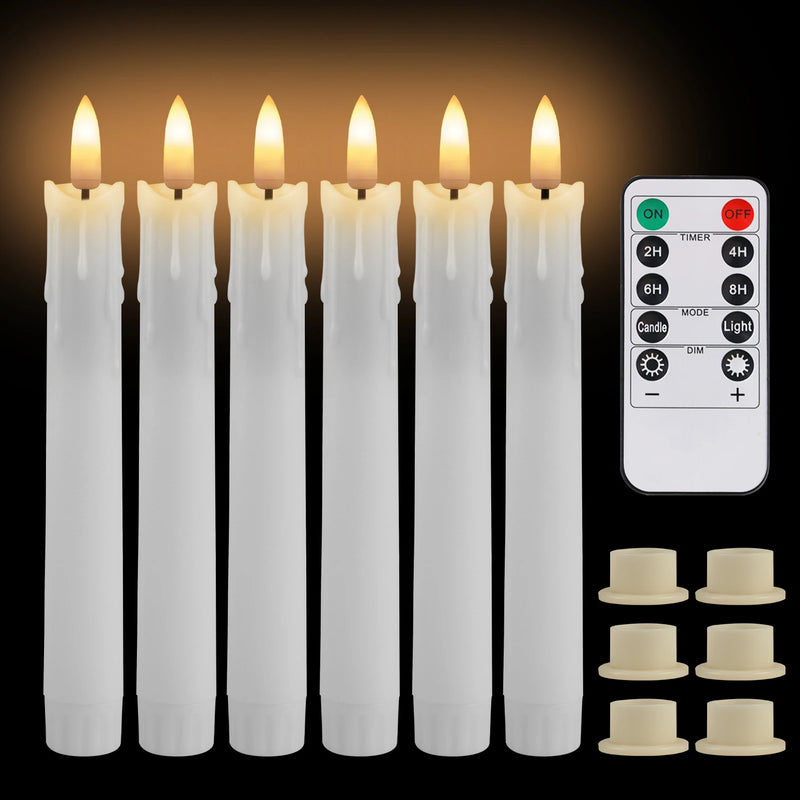 Bougies LED coniques – 6 bougies blanches allumées, télécommande et bases