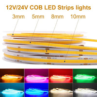 Ruban LED COB décoratif 3, 5, 8 ou 10 mm, 10 couleurs, 12 V ou 24 V, 1 à 5 m