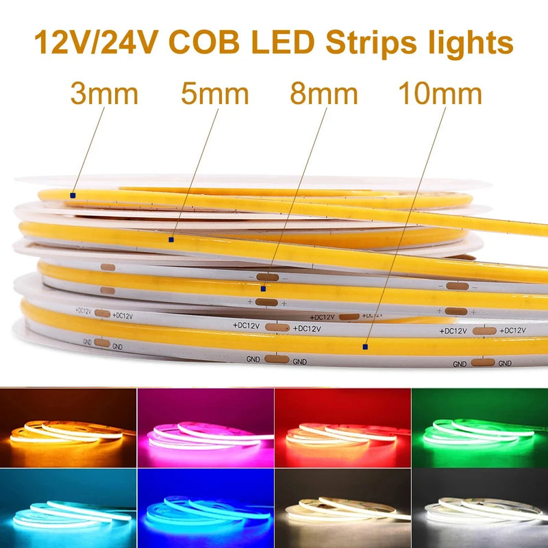 Ruban LED COB décoratif 3, 5, 8 ou 10 mm, 10 couleurs, 12 V ou 24 V, 1 à 5 m