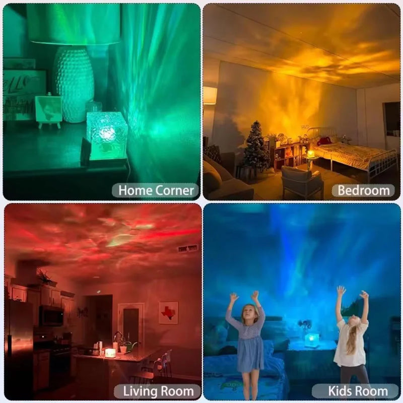 Lampe projecteur effet vagues – reflets dans un salon, une chambre et une chambre d'enfant