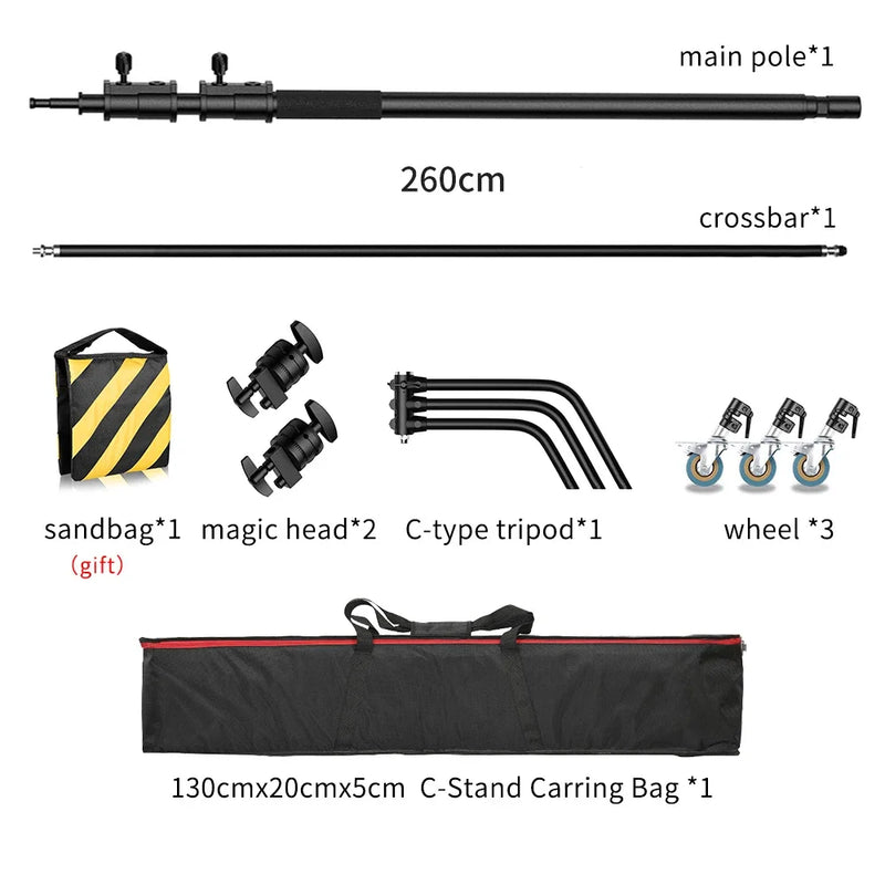 C-stand 2,6 m – contenu du C-stand noir : mât, bras, sac de lest, deux rotules, base, roulettes et sac