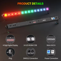 Barre LED pixel COB RGBW – détails : afficheur, 14 COB RGBW, entrées DMX et alimentation