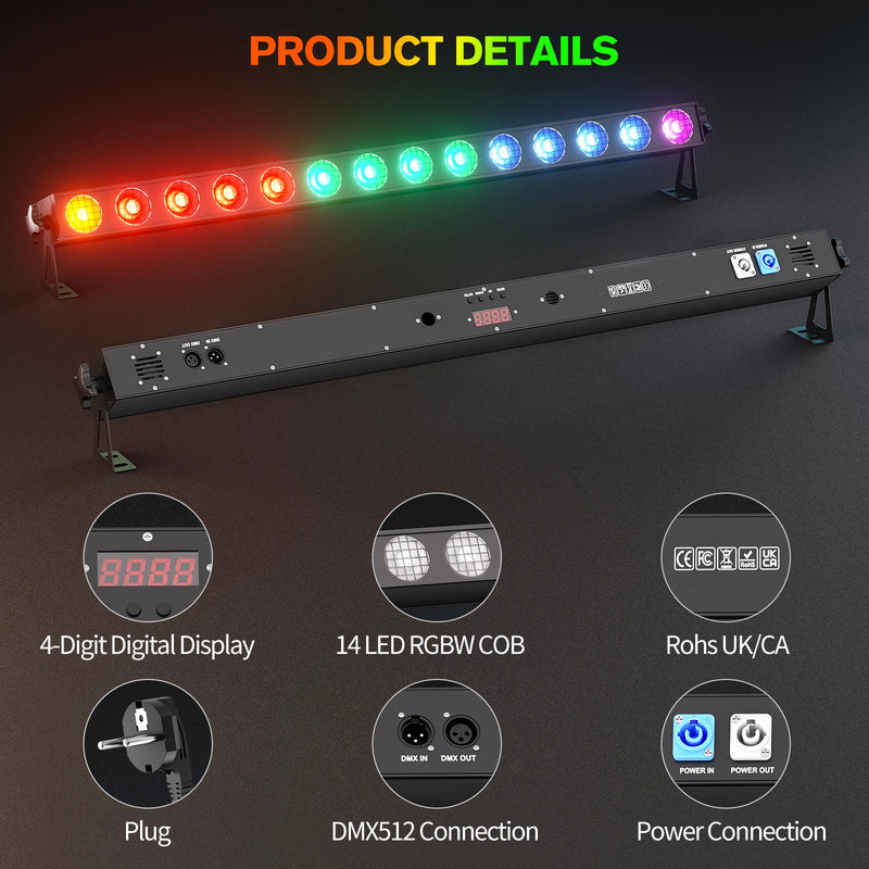 Barre LED pixel COB RGBW – détails : afficheur, 14 COB RGBW, entrées DMX et alimentation