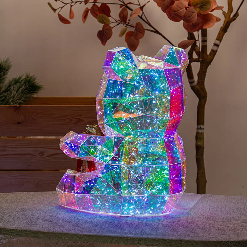 Ours lumineux de Noël irisé avec cadeau, figurine LED USB de 25 cm en boîte-cadeau