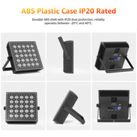 Projecteur LED carré 200 W laveur de mur – vues du boîtier ABS : face avant, profil et face arrière avec connecteurs