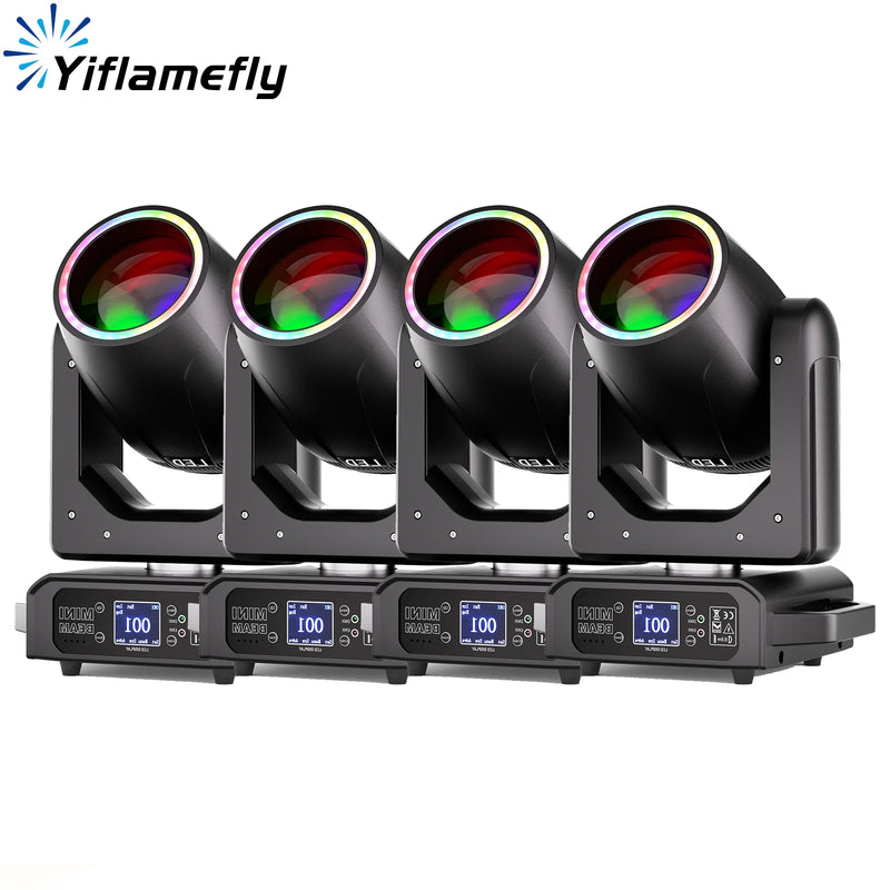 Lot de 4 lyres beam LED 200 W, anneau RGB, 11 gobos, prisme 18 facettes, DMX