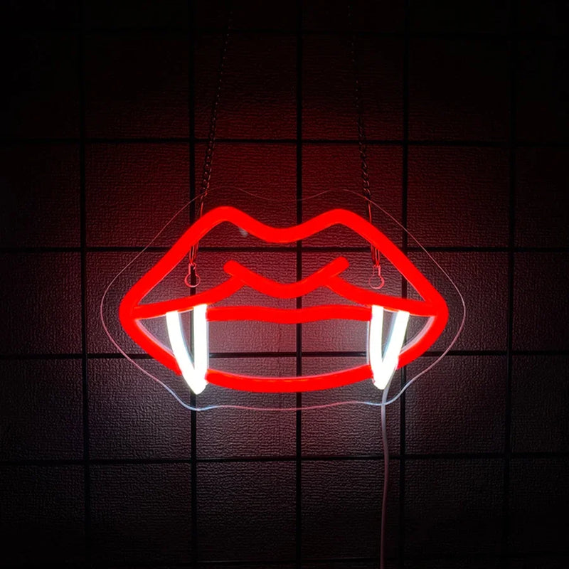 Néon Halloween – bouche de vampire rouge allumée